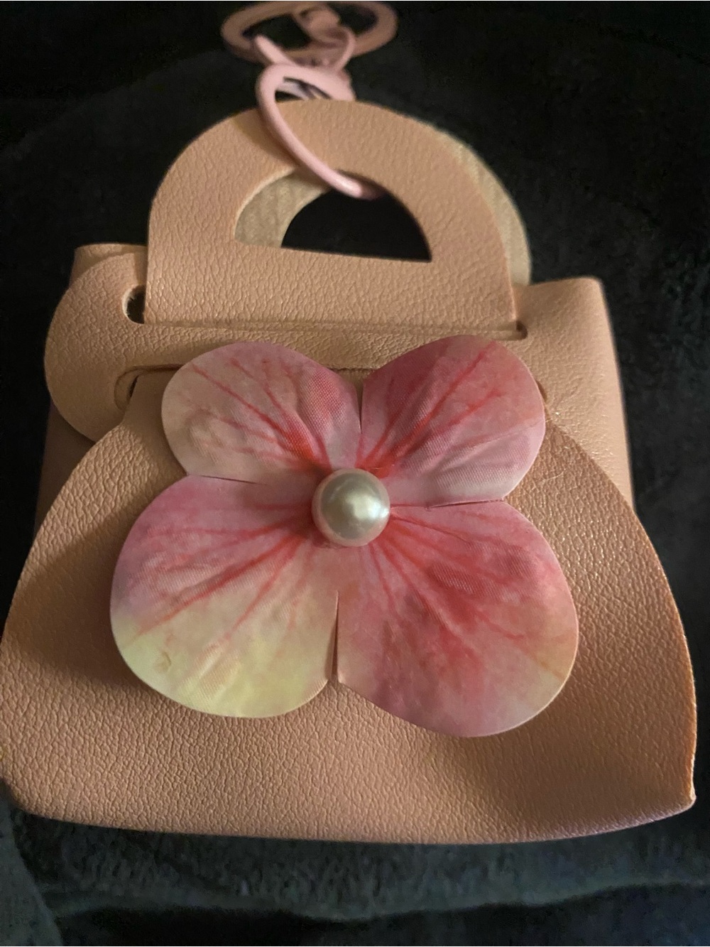 Pink Floral Mini Bag Charm with Pearl Accent